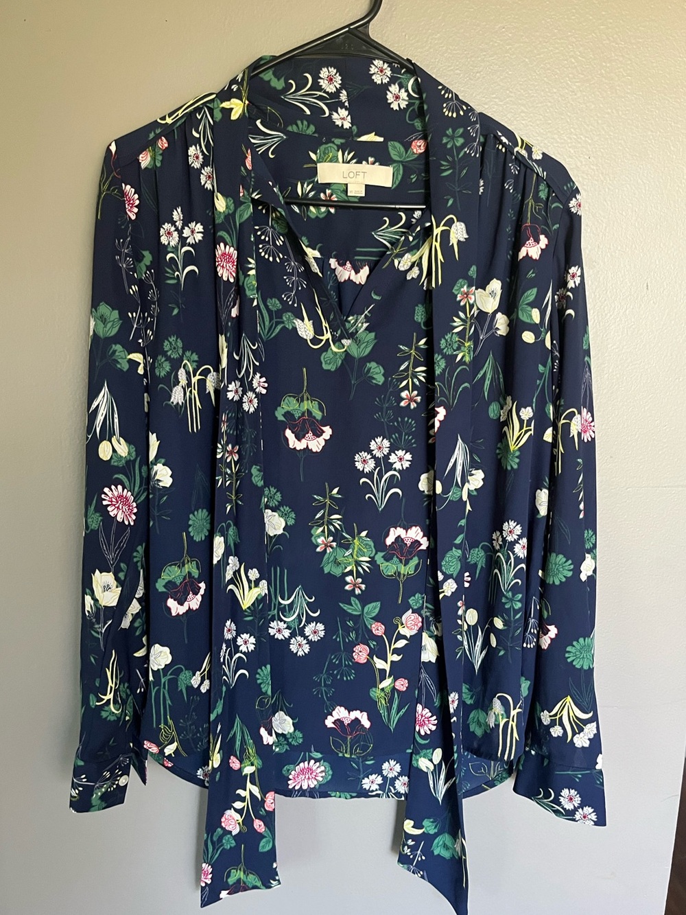 LOFT Navy Floral Tie-Front Blouse with Scarf Detail